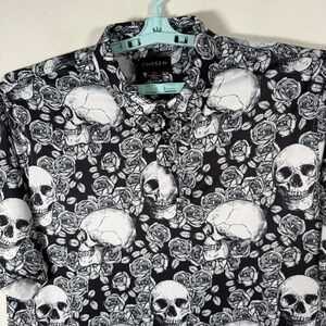 Chase 54 Polo Shirt Mens XL Black White Skull Rose Floral Print Performance Golf